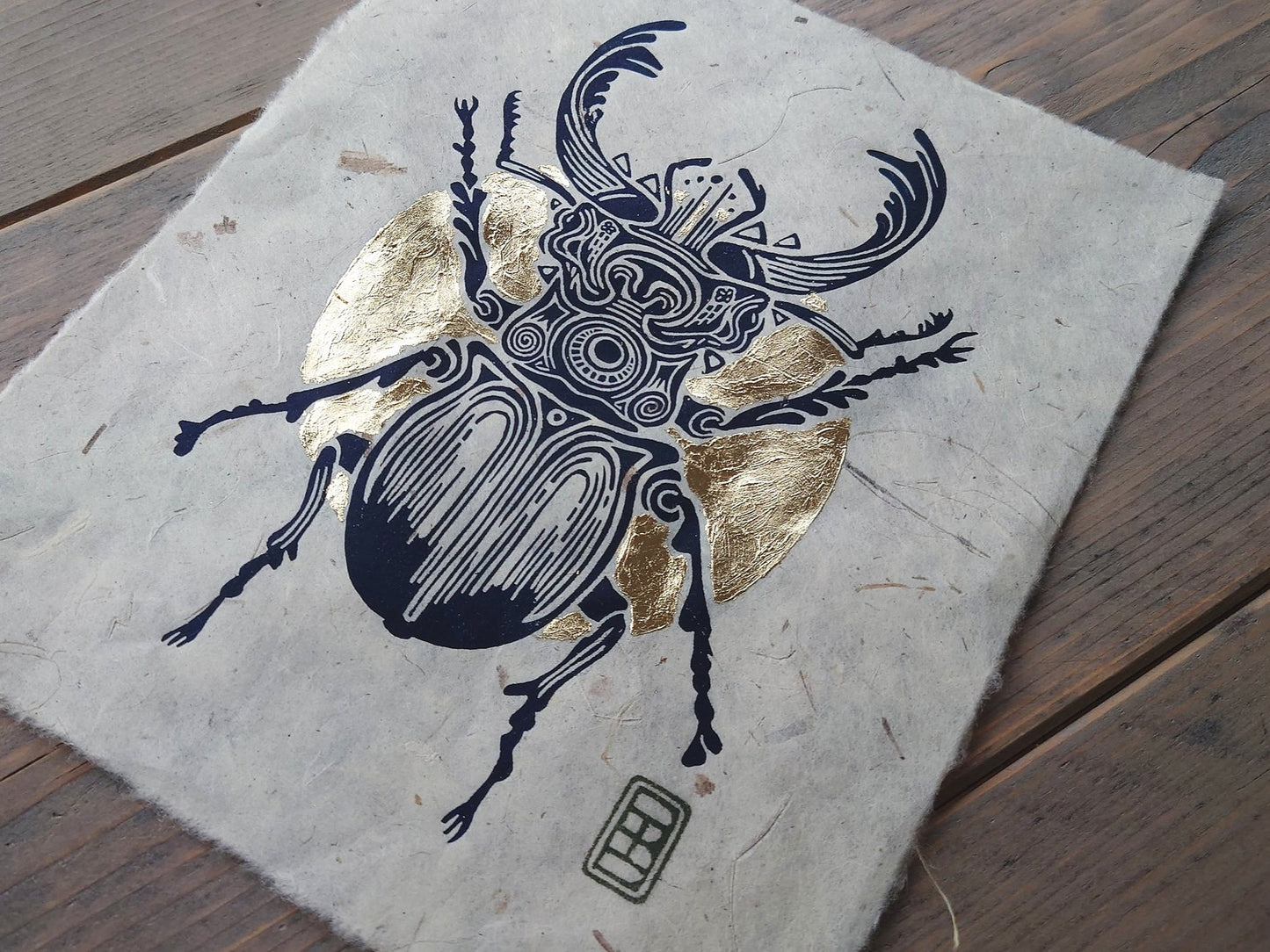 Beetle with Metal Leaf | Limited Edition Handmade Lino Print