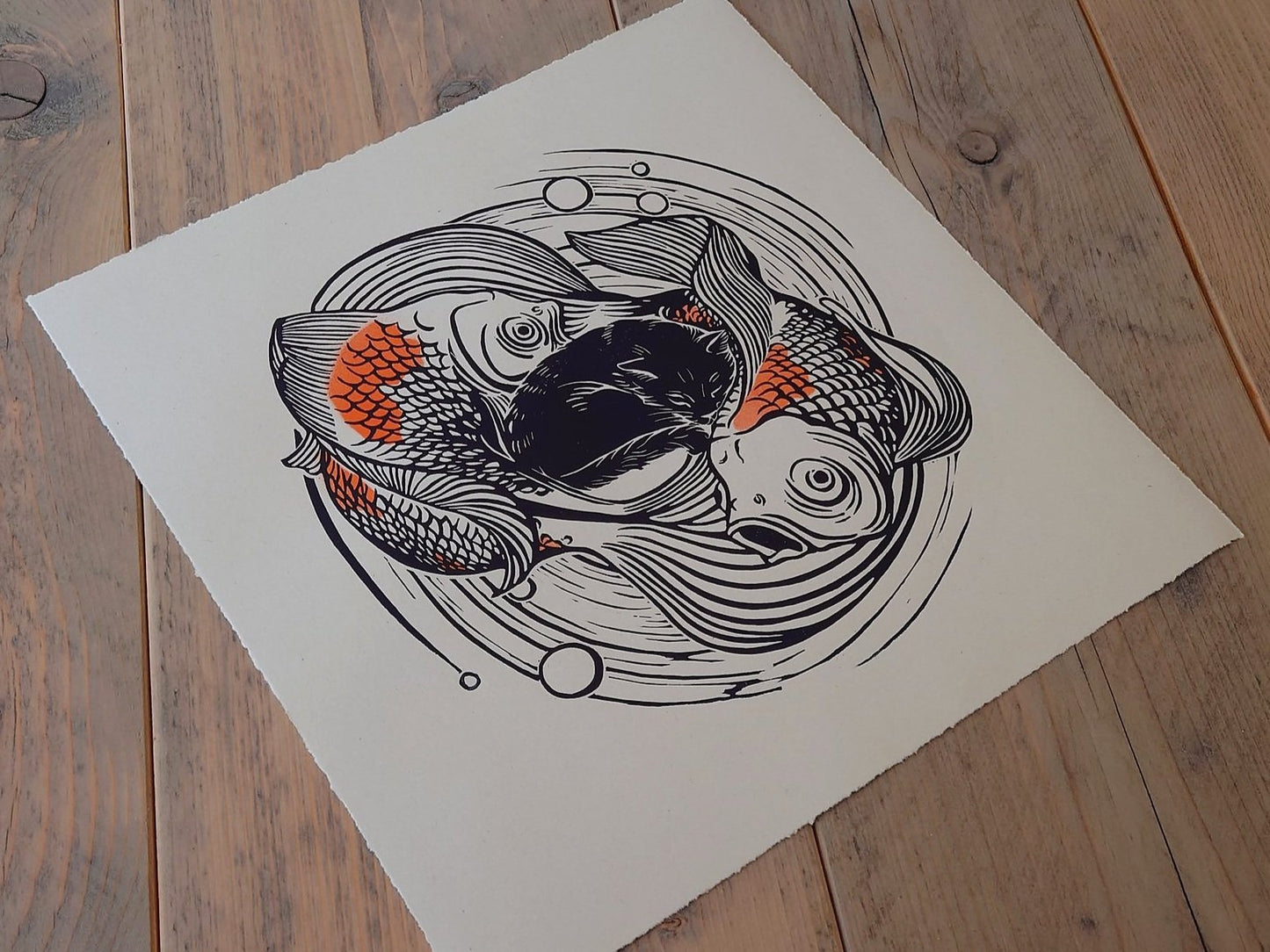 Koi Fish and Cat | Limited Edition Handmade Lino Print