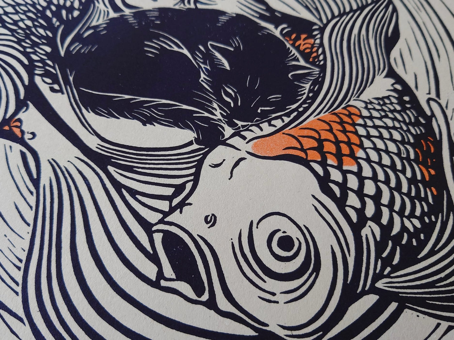 Koi Fish and Cat | Limited Edition Handmade Lino Print