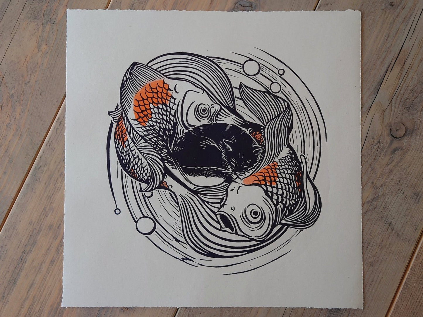 Koi Fish and Cat | Limited Edition Handmade Lino Print