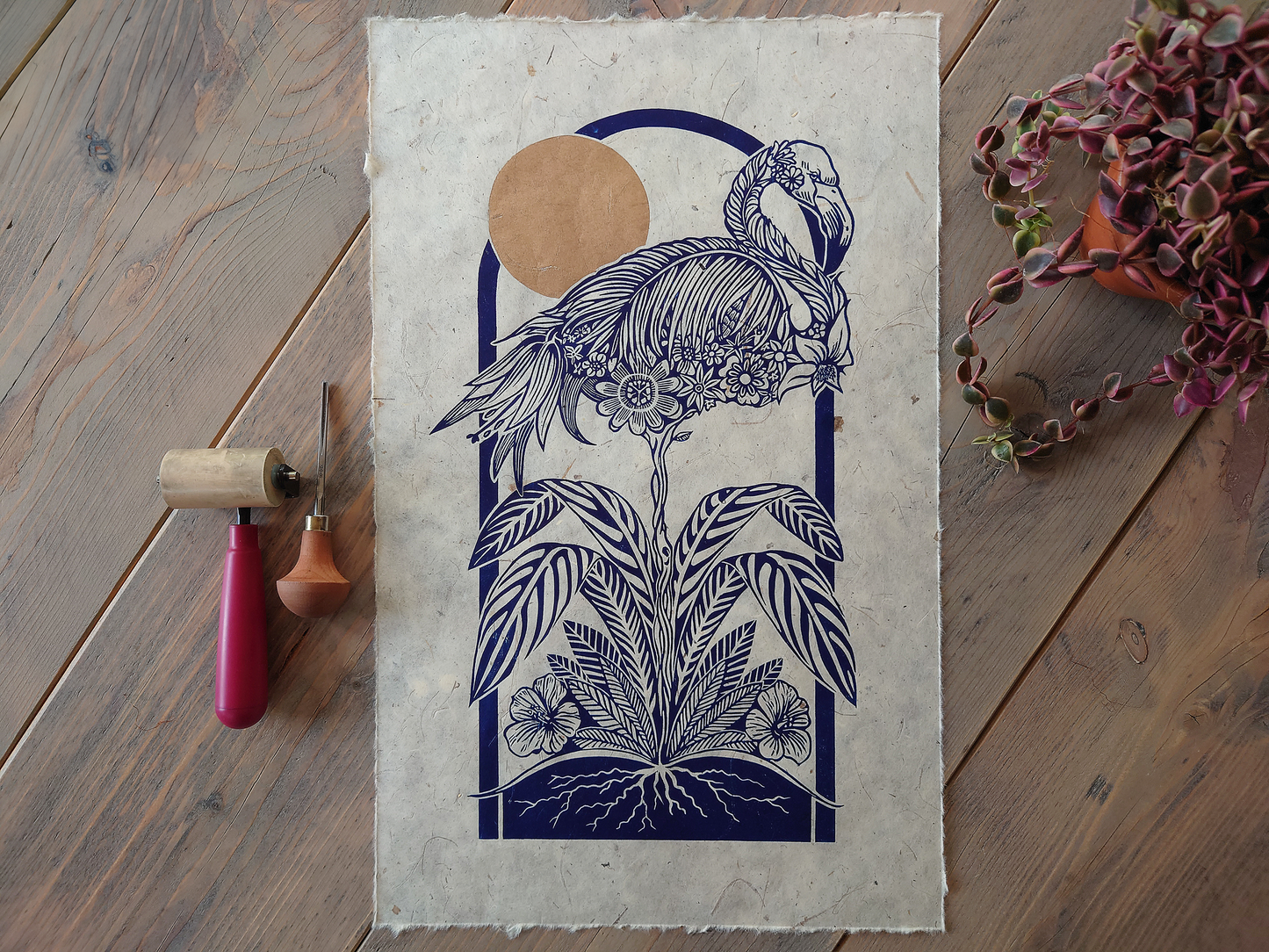 Botanical Flamingo | Limited Edition Handmade Lino Print