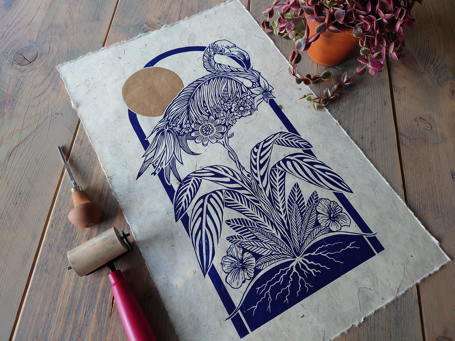 Botanical Flamingo | Limited Edition Handmade Lino Print