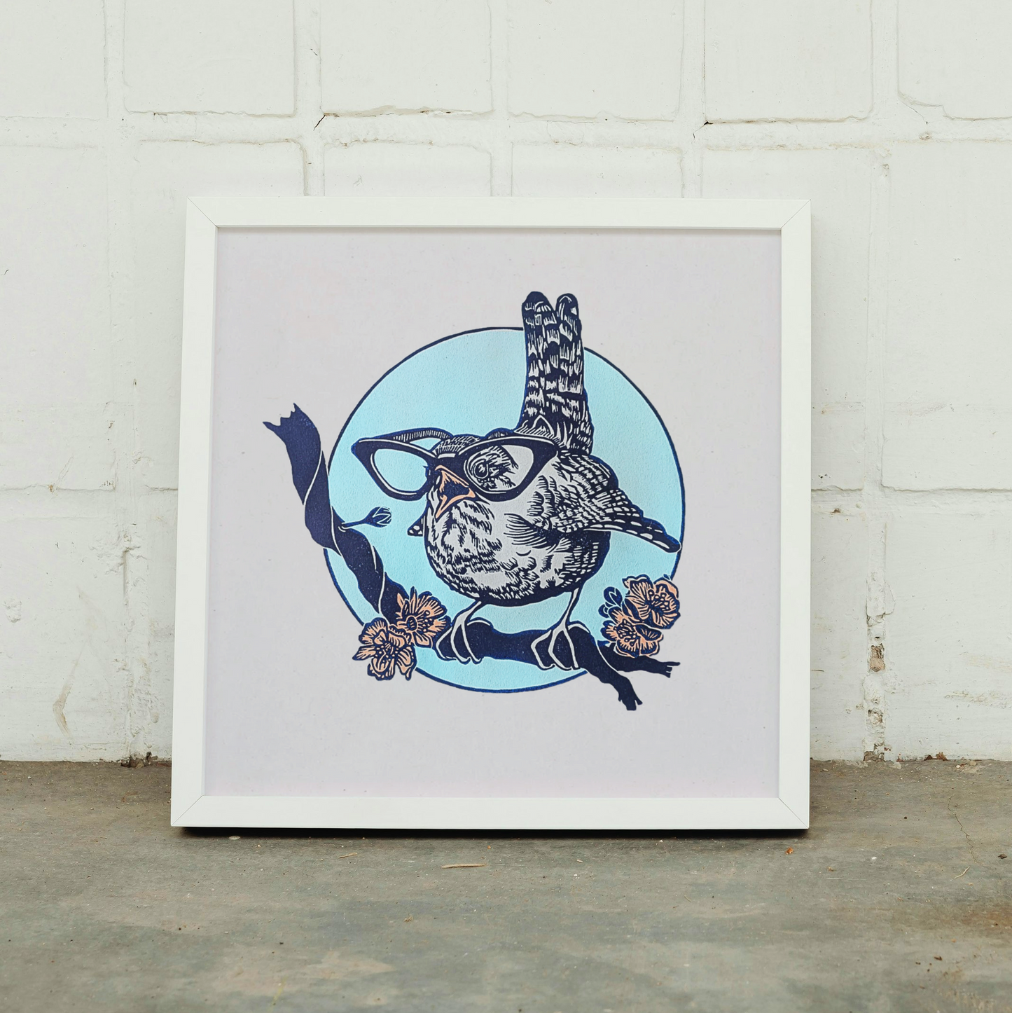 Wren Bird in Glasses | Limited Edition Handmade Lino Print