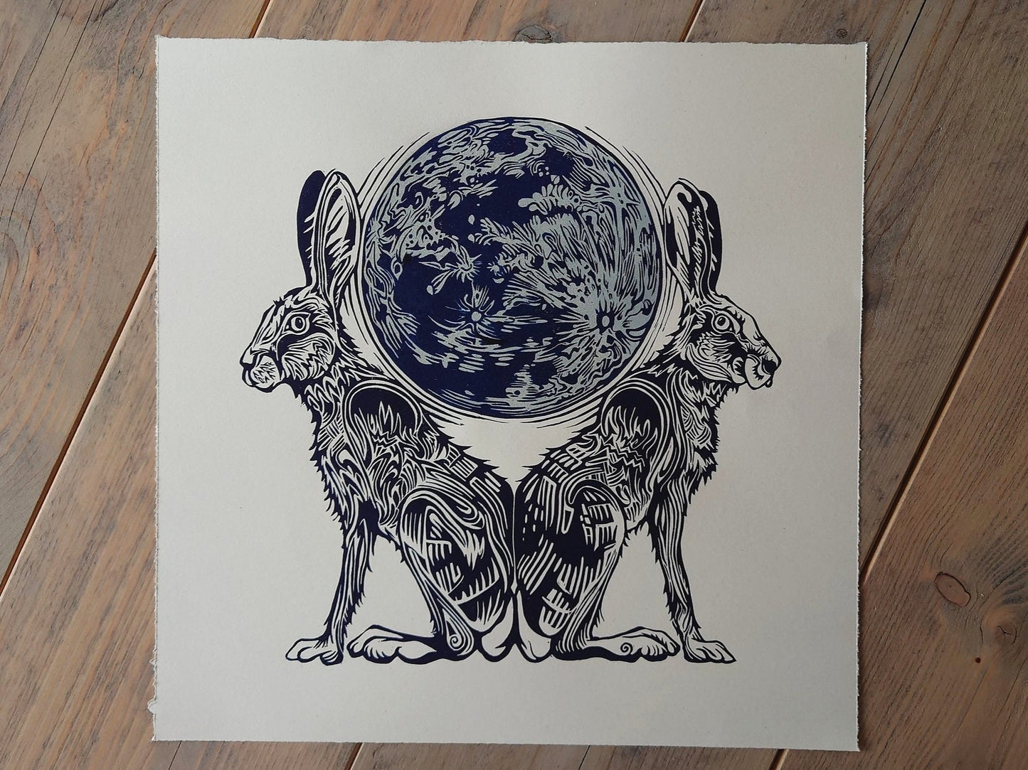 Moon Gazing Hares | Limited Edition Handmade Lino Print