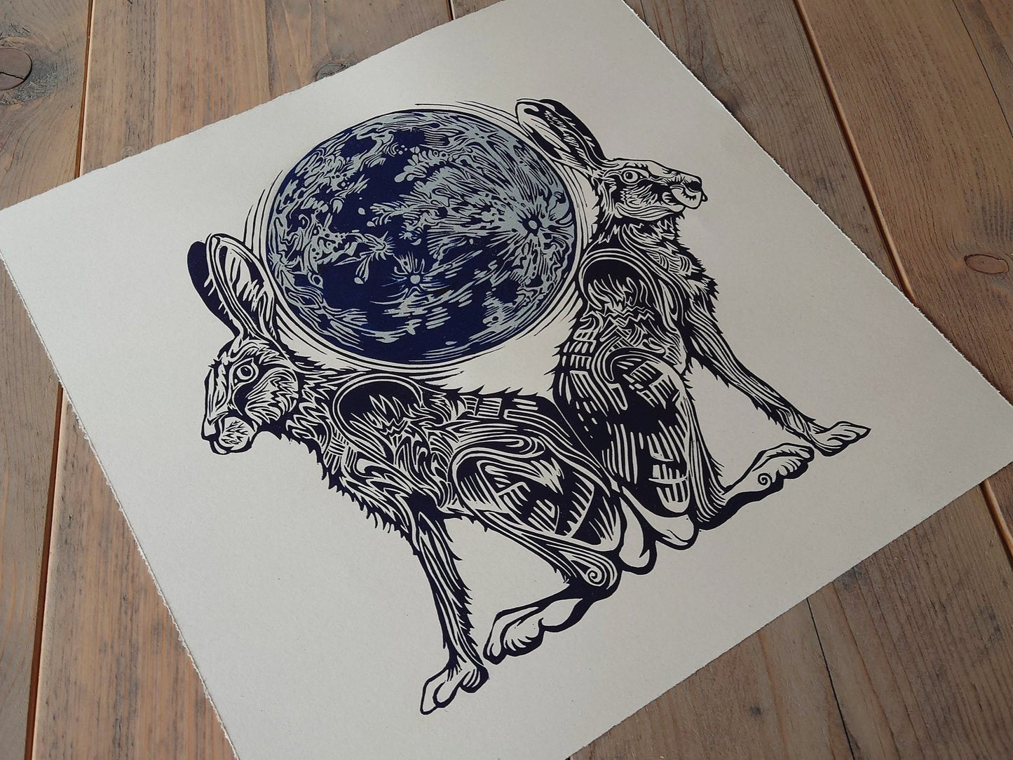 Moon Gazing Hares | Limited Edition Handmade Lino Print