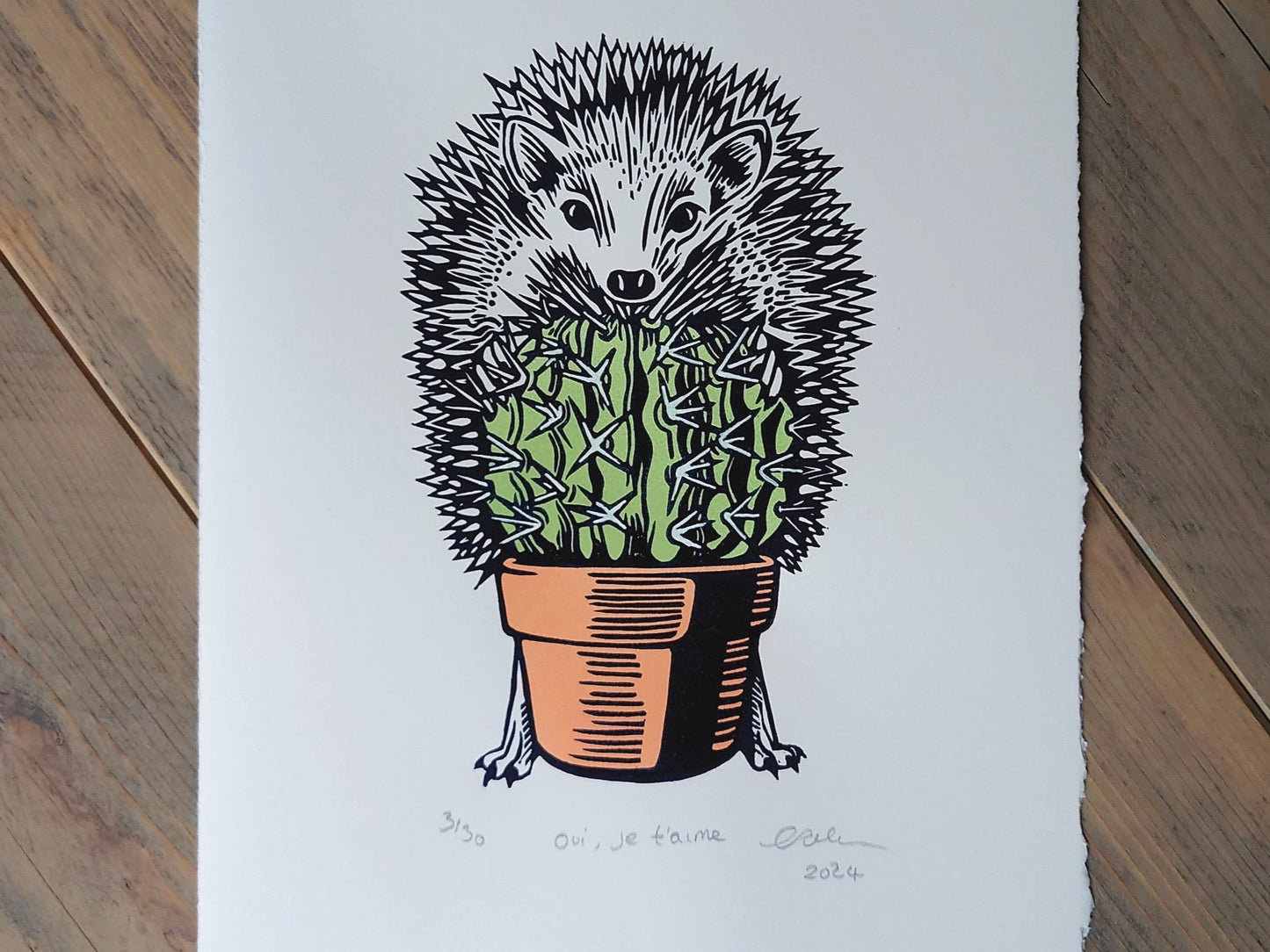 Hedgehog Hugging Cactus | Limited Edition Handmade Lino Print