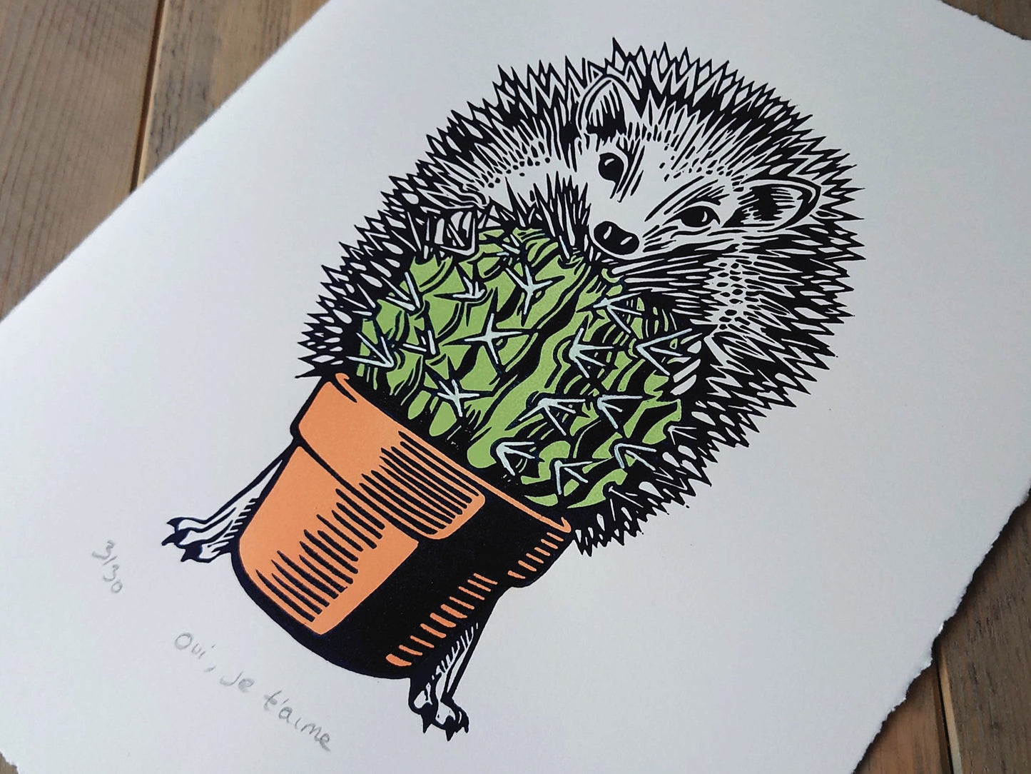 Hedgehog Hugging Cactus | Limited Edition Handmade Lino Print