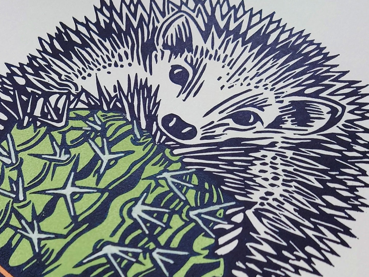 Hedgehog Hugging Cactus | Limited Edition Handmade Lino Print