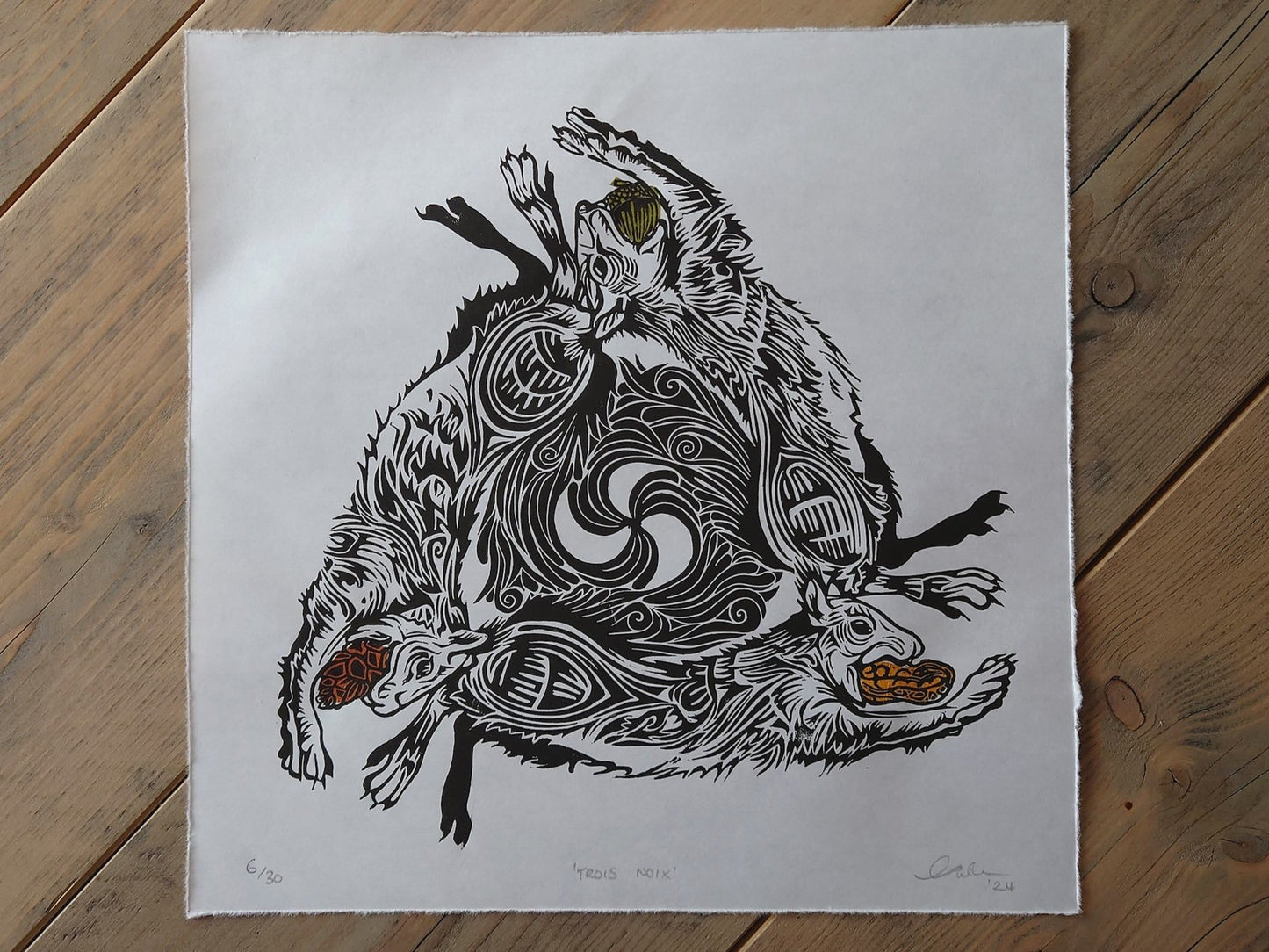 Three Squirrels | Limited Edition Handmade Lino Print