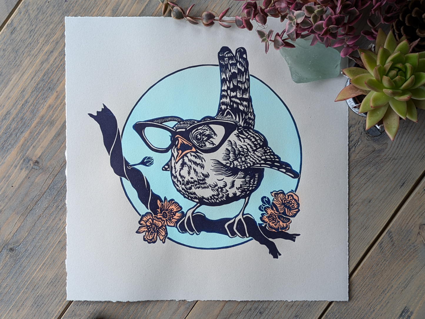 Wren Bird in Glasses | Limited Edition Handmade Lino Print