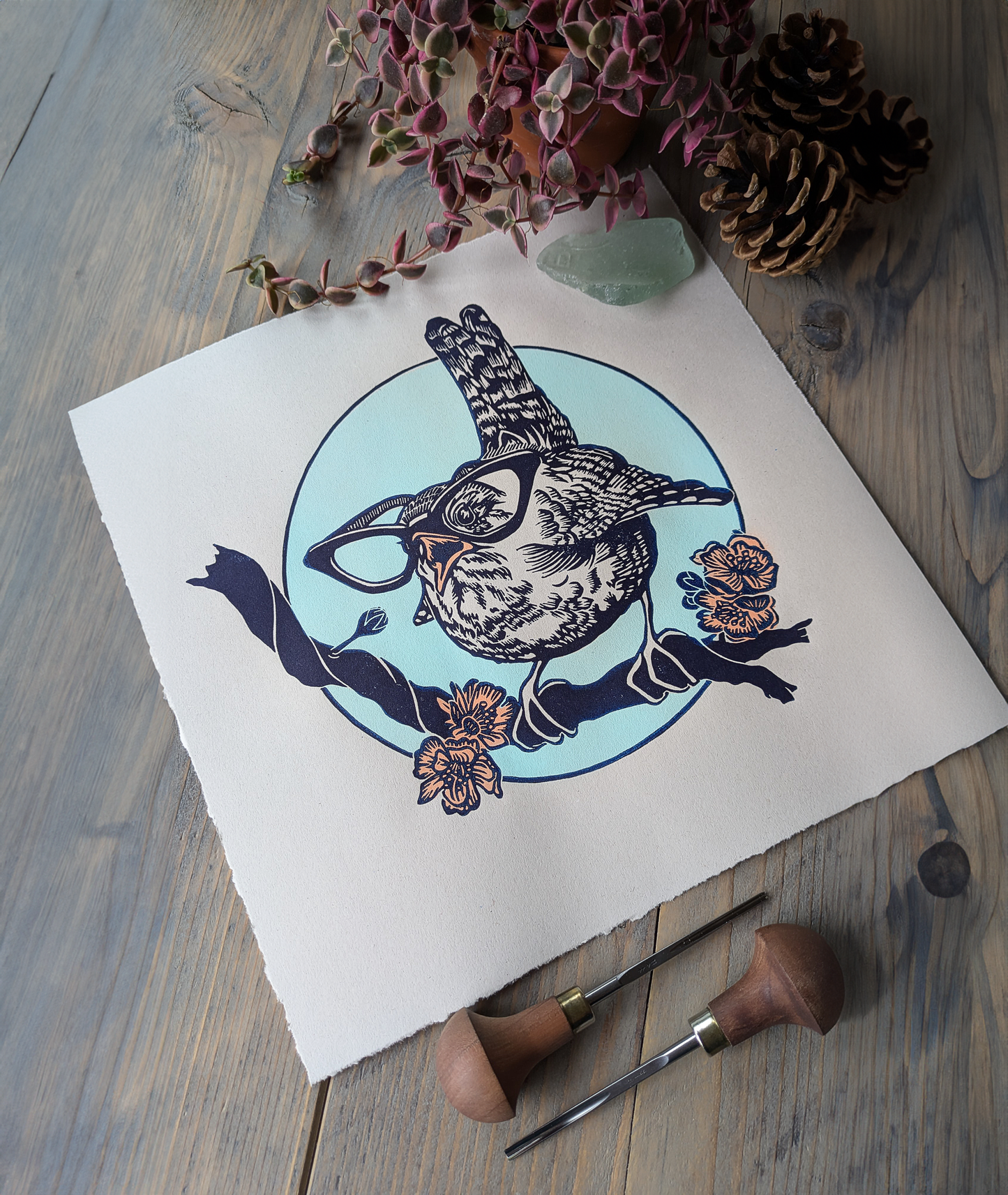 Wren Bird in Glasses | Limited Edition Handmade Lino Print