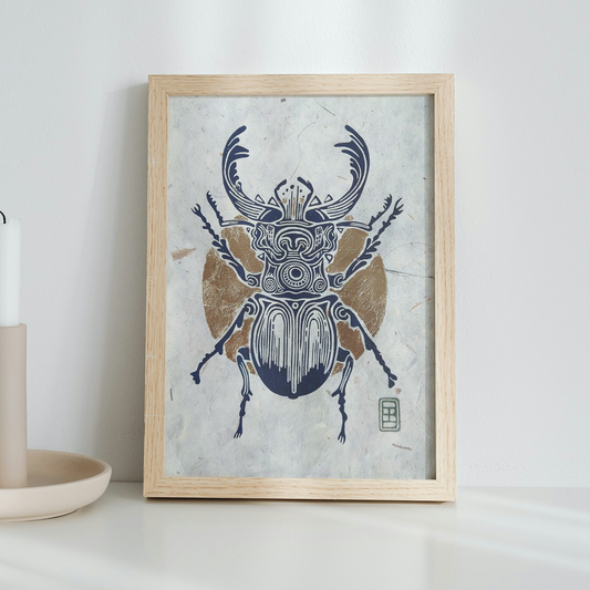 Beetle with Metal Leaf | Limited Edition Handmade Lino Print